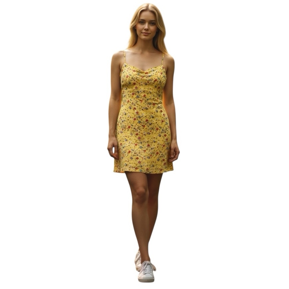 Adorable Yellow Floral Square Neck Strappy Sleeve Sleeveless Mini Sundress Dress
